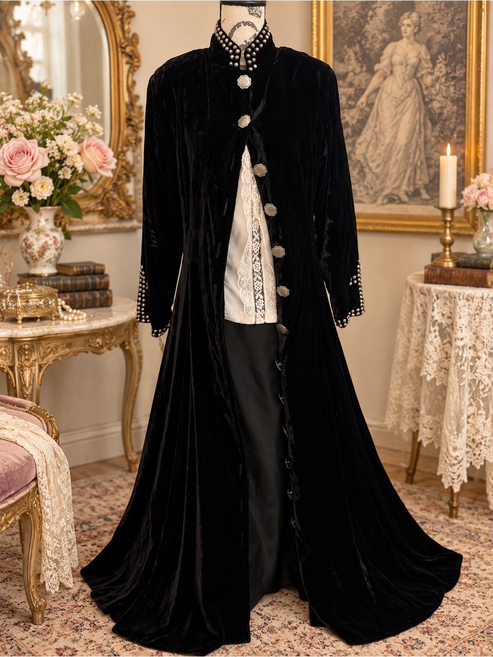 Double D Ranch Black Velvet Long Coat with Silver Buttons